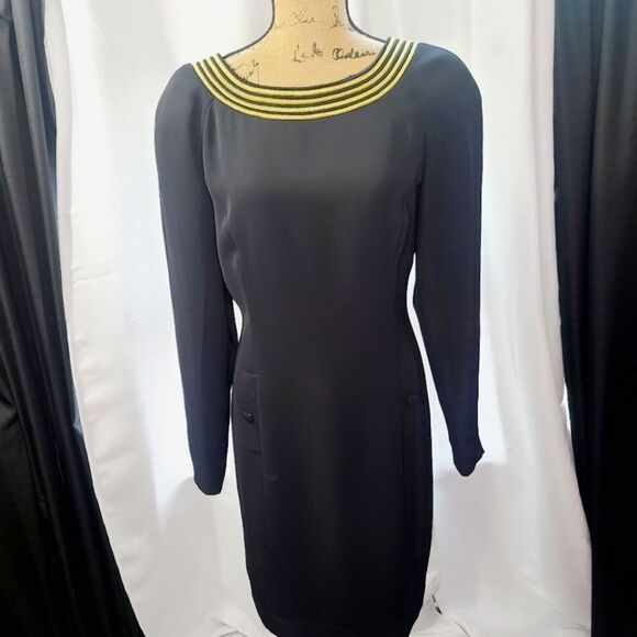 Vintage 80s Patricia Magali Black Metallic Gold Structured Long Sleeve Dress - Picture 16 of 17